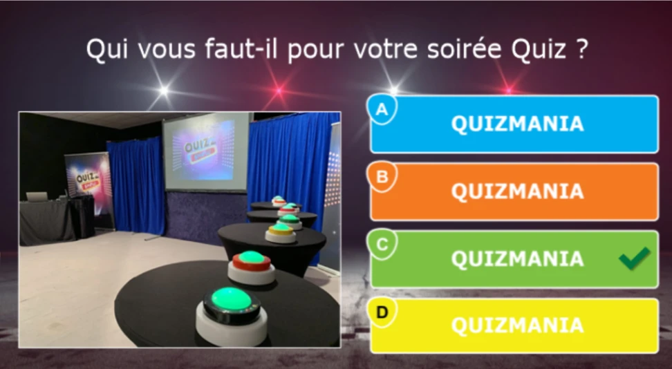 Exemple d'écran de question d'un quiz QuizMania avec buzzers
